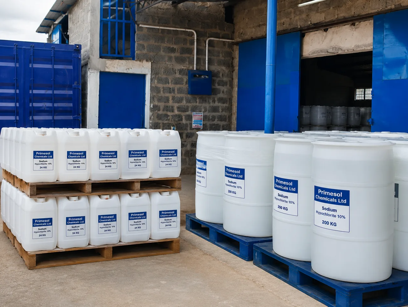 Sodium hypochlorite containers in 24 kilogram and 200 kilogram packaging